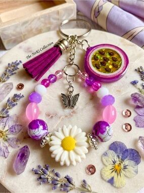 Purple & Pink Daisy Beaded Keychain with Tassel